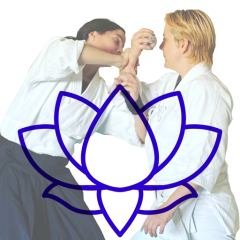 A photo illustration of two people practicing aikido and a purple lotus icon superimposed over them.